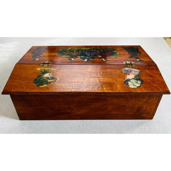 Vintage Wooden Hinged Lidded Box with Victorian Women Dancing Decoupage - Picture 10 of 12
